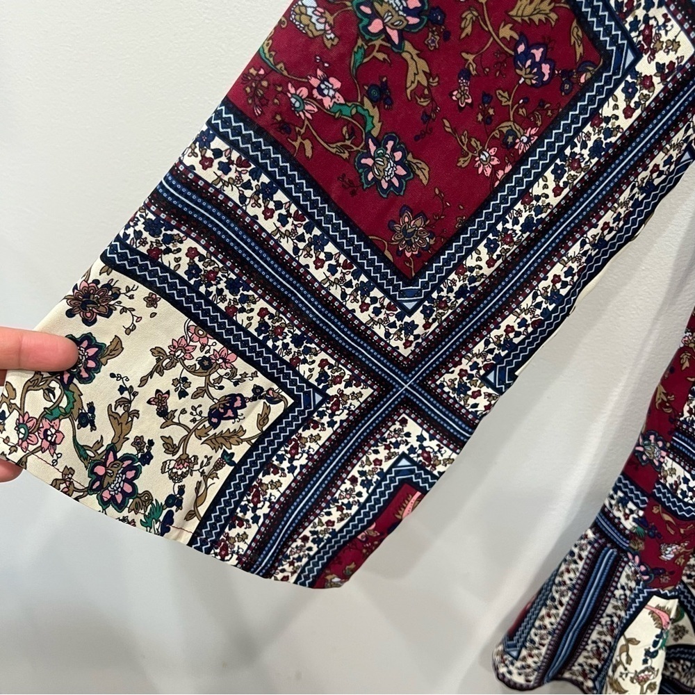 Lulu's Burgundy, Cream & Navy Patchwork Floral Ruffle-Hem Mini Dress - Picture 6 of 12